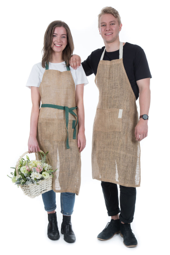 EDEN BIB APRON-Hessian -Contrast Green Ties