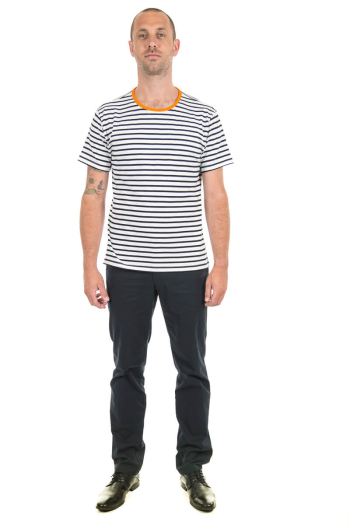 MEN'S RIVER T-SHIRT- Black and White Stripes with Orange Contrast Neckline 
