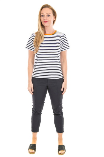 WOMAN'S RIVER T-SHIRT- Black-White Striped with Orange Contrast Neckline