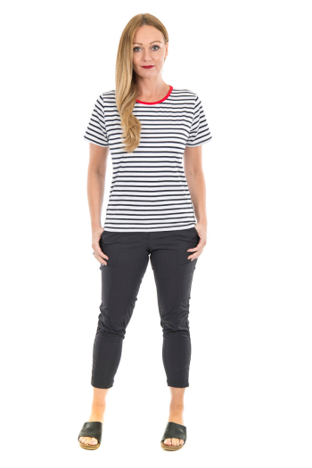 WOMAN'S RIVER T-SHIRT- Black-White Striped with Red Contrast Neckline