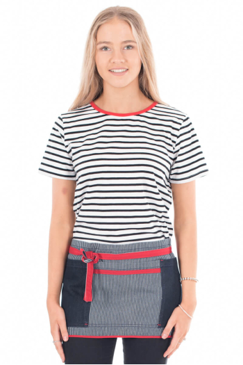 WOMAN'S RIVER T-SHIRT- Black-White Striped with Red Contrast Neckline