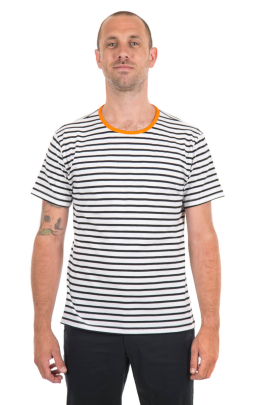 MEN'S RIVER T-SHIRT- Black and White Stripes with Orange Contrast Neckline 