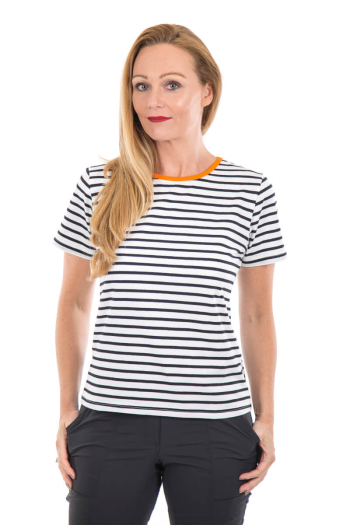 WOMAN'S RIVER T-SHIRT- Black-White Striped with Orange Contrast Neckline