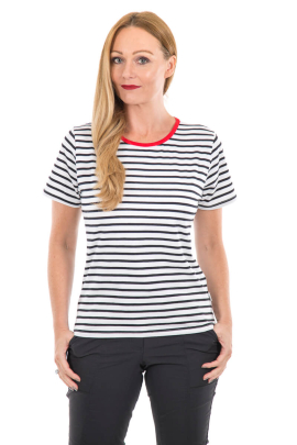 WOMAN'S RIVER T-SHIRT- Black-White Striped with Red Contrast Neckline