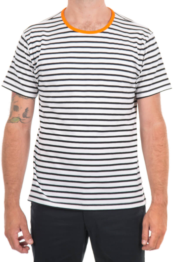MEN'S RIVER T-SHIRT- Black and White Stripes with Orange Contrast Neckline 