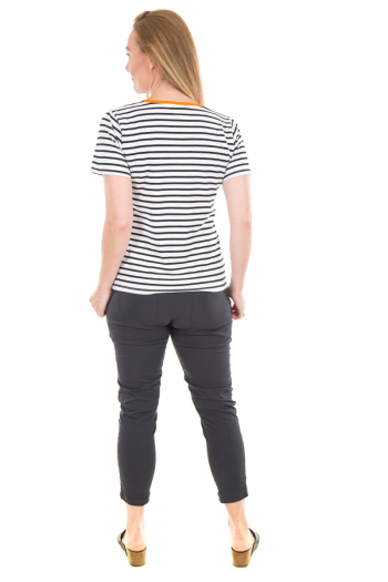 WOMAN'S RIVER T-SHIRT- Black-White Striped with Orange Contrast Neckline